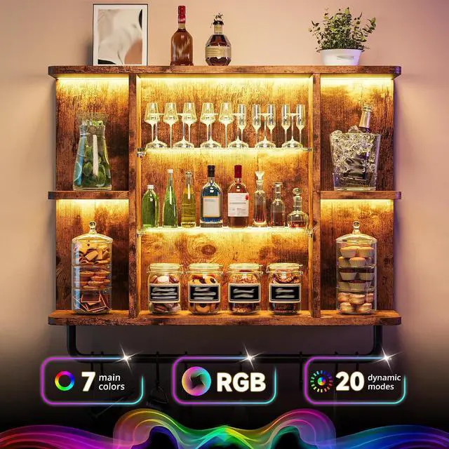 Alt view image 3 of 7 - Floating Shelves with LED Lights, 7-Tier Wood Shelf, Wall Mounted Display Shelves with 8 S-Hooks, Wall Shelf for Kitchen, Bedroom, Bathroom, Office, Plants, Rustic Brown