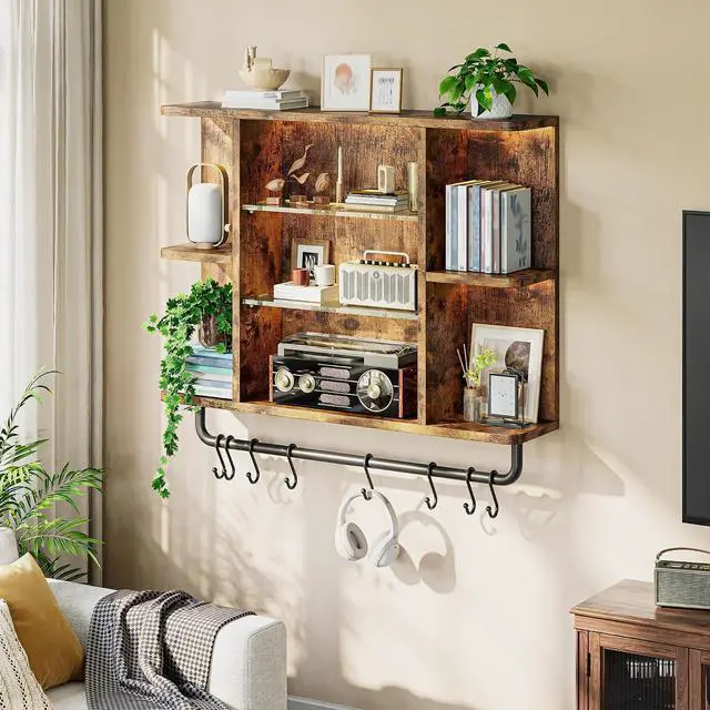 Alt view image 4 of 7 - Floating Shelves with LED Lights, 7-Tier Wood Shelf, Wall Mounted Display Shelves with 8 S-Hooks, Wall Shelf for Kitchen, Bedroom, Bathroom, Office, Plants, Rustic Brown