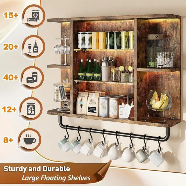 Alt view image 6 of 7 - Floating Shelves with LED Lights, 7-Tier Wood Shelf, Wall Mounted Display Shelves with 8 S-Hooks, Wall Shelf for Kitchen, Bedroom, Bathroom, Office, Plants, Rustic Brown