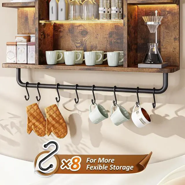 Alt view image 7 of 7 - Floating Shelves with LED Lights, 7-Tier Wood Shelf, Wall Mounted Display Shelves with 8 S-Hooks, Wall Shelf for Kitchen, Bedroom, Bathroom, Office, Plants, Rustic Brown