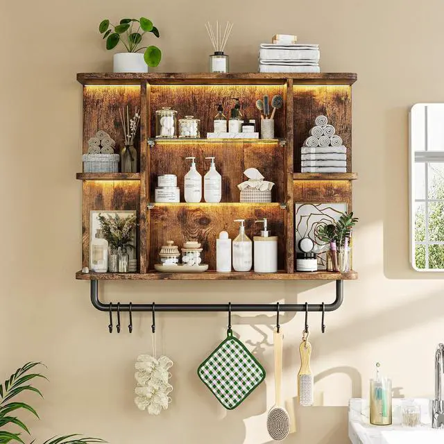 Alt view image 5 of 7 - Floating Shelves with LED Lights, 7-Tier Wood Shelf, Wall Mounted Display Shelves with 8 S-Hooks, Wall Shelf for Kitchen, Bedroom, Bathroom, Office, Plants, Rustic Brown