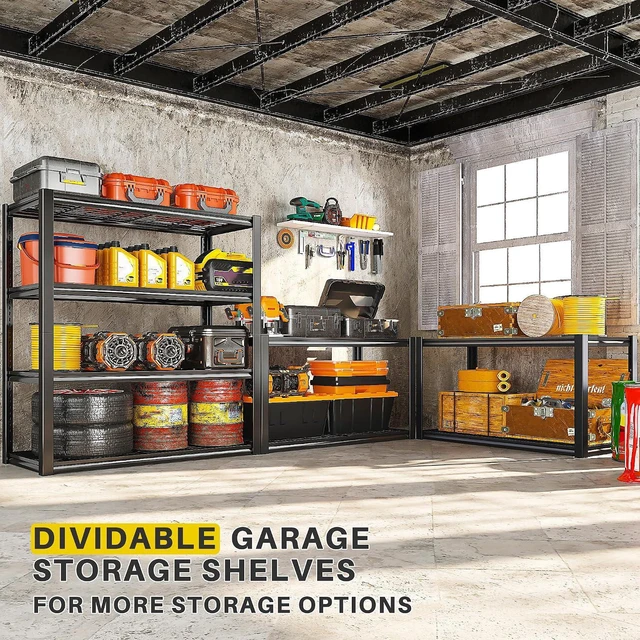 Alt view image 4 of 7 - 40" W Heavy Duty Garage Shelving Unit Load 2200Lbs, 4-Tier Reinforced Metal Storage Shelves, Adjustable Storage Rack for Garage Basement Warehouse Pantry Kitchen, 40"W x 19.7"D x 59.9"H, Black, 2PC