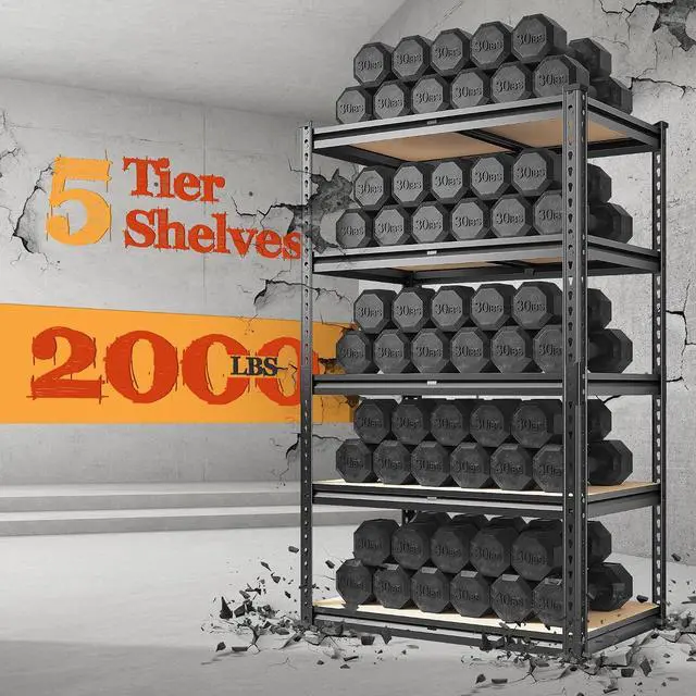 Alt view image 2 of 7 - Garage Shelving 2000LBS Storage Shelves Heavy Duty Shelving 5 Tier Adjustable Metal Shelves Sturdy Storage Rack for Garage Pantry Closet Kitchen Basement 60" H x 28" W x 14" D