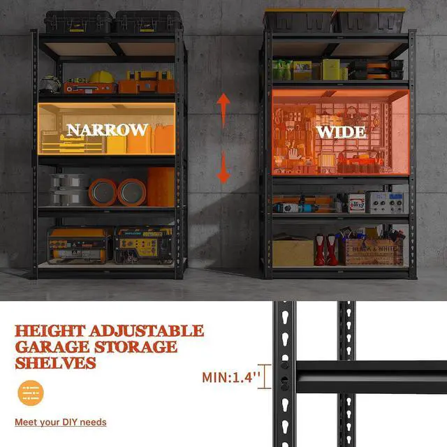 Alt view image 6 of 7 - Garage Shelving 2000LBS Storage Shelves Heavy Duty Shelving 5 Tier Adjustable Metal Shelves Sturdy Storage Rack for Garage Pantry Closet Kitchen Basement 60" H x 28" W x 14" D
