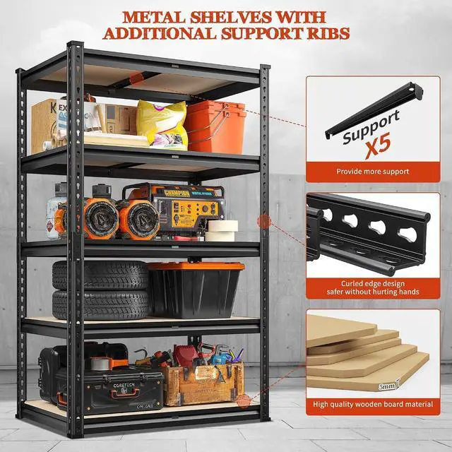 Alt view image 7 of 7 - Garage Shelving 2000LBS Storage Shelves Heavy Duty Shelving 5 Tier Adjustable Metal Shelves Sturdy Storage Rack for Garage Pantry Closet Kitchen Basement 60" H x 28" W x 14" D