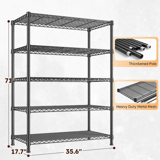 Alt view image 3 of 7 - 1500LBS Adjustable Wire Shelving Unit, 5-Tier Metal Shelf with V-Shape Support,Tool-Free Assembly for Kitchen, Laundry, Industrial Use17.7" D x 35.6" W x 71" H