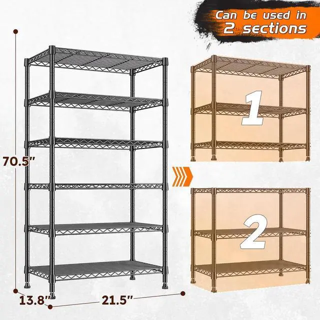 Alt view image 3 of 7 - 6-Tier Metal Shelving Unit, 800LBS Heavy Duty Wire Shelving with Anti-Tipping Kit, No Tools Needed, Adjustable Storage Shelves for Garage Pantry Kitchen Closet, 13.8" D x 21.5" W x 70.5" H