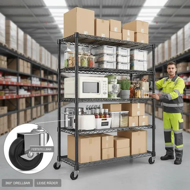 Alt view image 4 of 7 - 1984LBS Heavy Duty Wire Shelving Unit with Wheels, 75.2" H Storage Shelves, 5 Tier Adjustable Metal Shelving for Pantry Kitchen Garage,No-Tools Installation, 75.2" H x 35.5" W x 16" D, Black