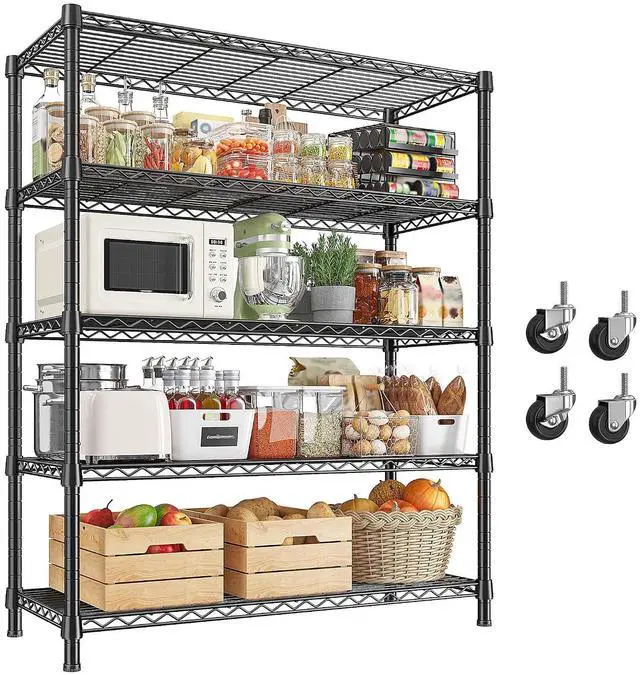 Main image of 1984LBS Heavy Duty Wire Shelving Unit with Wheels, 75.2" H Storage Shelves, 5 Tier Adjustable Metal Shelving for Pantry Kitchen Garage,No-Tools Installation, 75.2" H x 35.5" W x 16" D, Black
