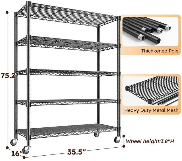 Alt view image 3 of 7 - 1984LBS Heavy Duty Wire Shelving Unit with Wheels, 75.2" H Storage Shelves, 5 Tier Adjustable Metal Shelving for Pantry Kitchen Garage,No-Tools Installation, 75.2" H x 35.5" W x 16" D, Black