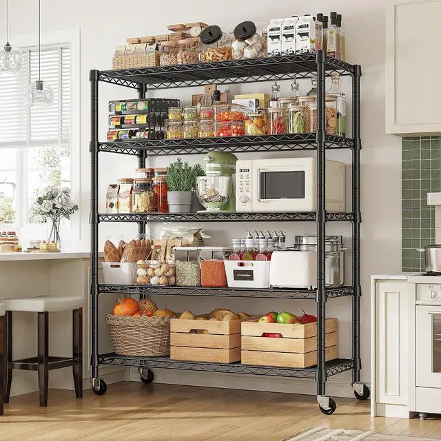 Alt view image 2 of 7 - 1984LBS Heavy Duty Wire Shelving Unit with Wheels, 75.2" H Storage Shelves, 5 Tier Adjustable Metal Shelving for Pantry Kitchen Garage,No-Tools Installation, 75.2" H x 35.5" W x 16" D, Black