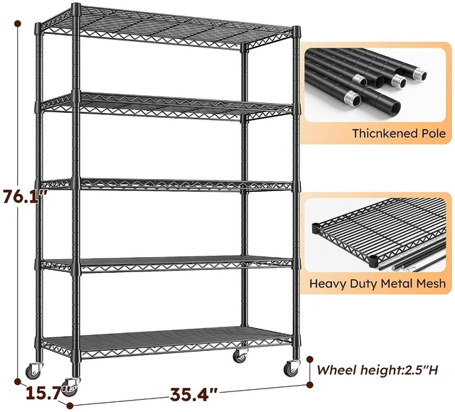 Alt view image 3 of 7 - 1653LBS Storage Shelves with Wheels,76.1" H Metal Shelving 5-Tire Adjustable Wire Shelving Pantry Shelves for Garage Shelving, Pantry, Kitchen, Closet, Commercial,15.7" D x 35.4" Wx76.1 H