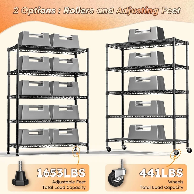 Alt view image 4 of 7 - 1653LBS Storage Shelves with Wheels,76.1" H Metal Shelving 5-Tire Adjustable Wire Shelving Pantry Shelves for Garage Shelving, Pantry, Kitchen, Closet, Commercial,15.7" D x 35.4" Wx76.1 H