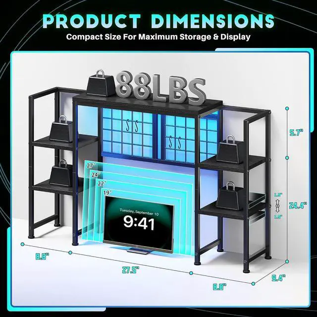Alt view image 2 of 7 - Desk Shelf with LED Light Strip,Adjustable 45.1" Desk Hutch Dorm with 5 Tier Display Shelf Rack,Desktop Bookshelf with Grid Panel & Hooks for Home, Office and Dorm, Black