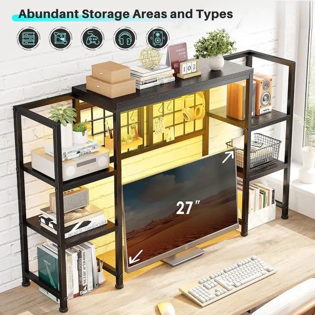 Alt view image 4 of 7 - Desk Shelf with LED Light Strip,Adjustable 45.1" Desk Hutch Dorm with 5 Tier Display Shelf Rack,Desktop Bookshelf with Grid Panel & Hooks for Home, Office and Dorm, Black