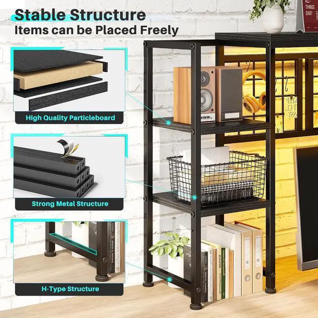 Alt view image 5 of 7 - Desk Shelf with LED Light Strip,Adjustable 45.1" Desk Hutch Dorm with 5 Tier Display Shelf Rack,Desktop Bookshelf with Grid Panel & Hooks for Home, Office and Dorm, Black