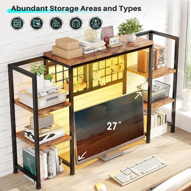 Alt view image 4 of 7 - Desk Shelf with LED Light Strip,Adjustable 45.1" Desk Hutch Dorm with 5 Tier Display Shelf Rack,Desktop Bookshelf with Grid Panel & Hooks for Home, Office and Dorm, Rustic Brown