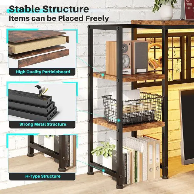 Alt view image 5 of 7 - Desk Shelf with LED Light Strip,Adjustable 45.1" Desk Hutch Dorm with 5 Tier Display Shelf Rack,Desktop Bookshelf with Grid Panel & Hooks for Home, Office and Dorm, Rustic Brown