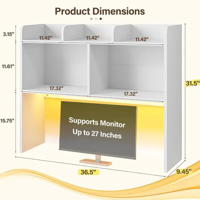 Alt view image 2 of 7 - Desk Hutch Dorm for Computer Monitor Up to 27", Dorm Desk Hutch Top Only with RGB Light Strip, Wooden Desktop Bookshelf with 6 Shelves, 3-Tier Desktop Shelf for Home Office Dorm, White