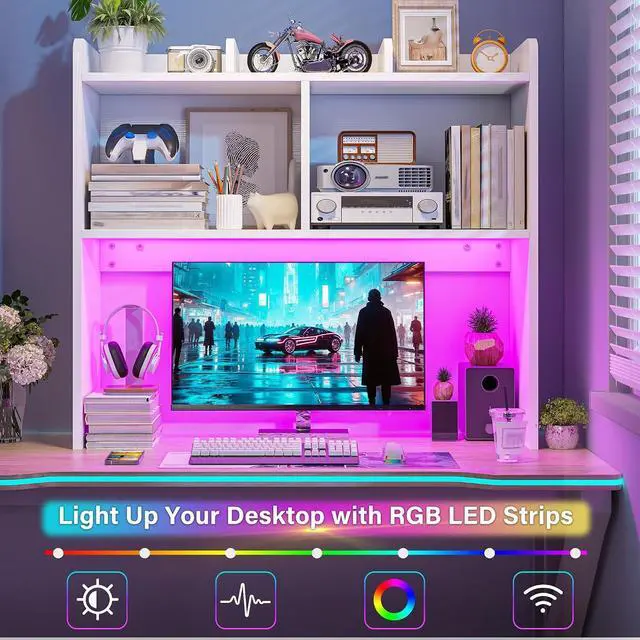 Alt view image 3 of 7 - Desk Hutch Dorm for Computer Monitor Up to 27", Dorm Desk Hutch Top Only with RGB Light Strip, Wooden Desktop Bookshelf with 6 Shelves, 3-Tier Desktop Shelf for Home Office Dorm, White