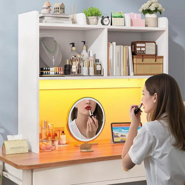 Alt view image 6 of 7 - Desk Hutch Dorm for Computer Monitor Up to 27", Dorm Desk Hutch Top Only with RGB Light Strip, Wooden Desktop Bookshelf with 6 Shelves, 3-Tier Desktop Shelf for Home Office Dorm, White