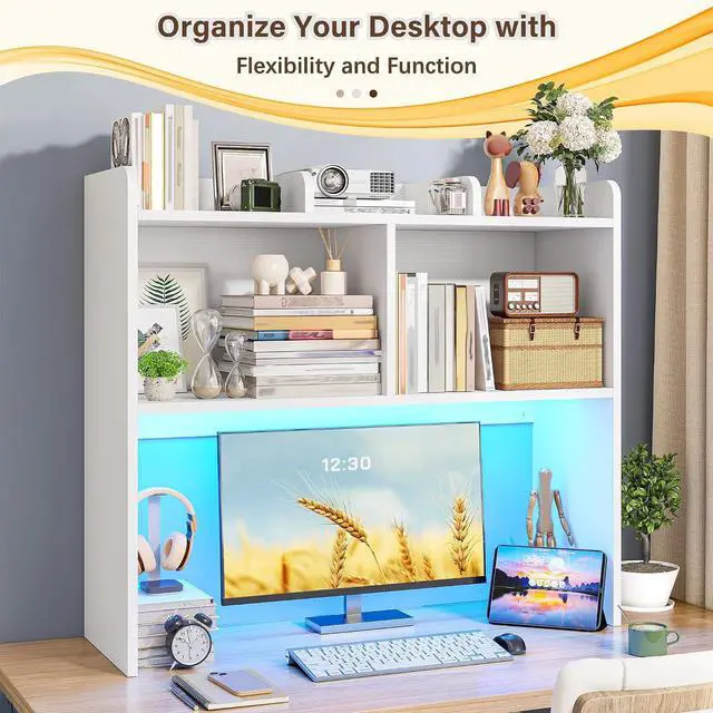 Alt view image 4 of 7 - Desk Hutch Dorm for Computer Monitor Up to 27", Dorm Desk Hutch Top Only with RGB Light Strip, Wooden Desktop Bookshelf with 6 Shelves, 3-Tier Desktop Shelf for Home Office Dorm, White