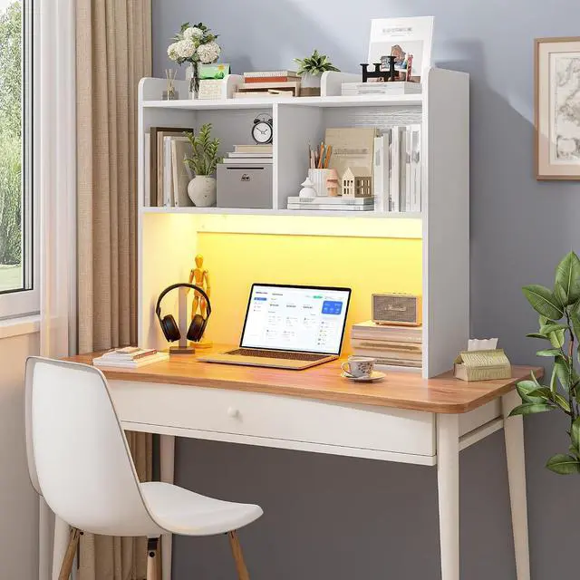 Alt view image 7 of 7 - Desk Hutch Dorm for Computer Monitor Up to 27", Dorm Desk Hutch Top Only with RGB Light Strip, Wooden Desktop Bookshelf with 6 Shelves, 3-Tier Desktop Shelf for Home Office Dorm, White