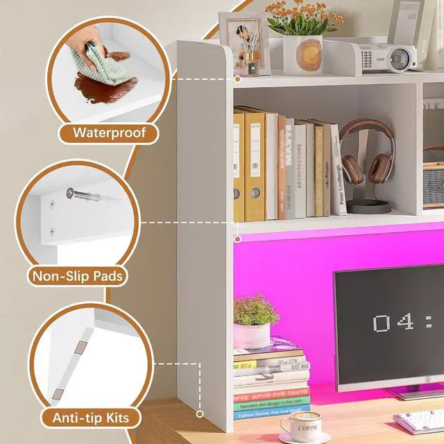 Alt view image 5 of 7 - Desk Hutch Dorm for Computer Monitor Up to 27", Dorm Desk Hutch Top Only with RGB Light Strip, Wooden Desktop Bookshelf with 6 Shelves, 3-Tier Desktop Shelf for Home Office Dorm, White