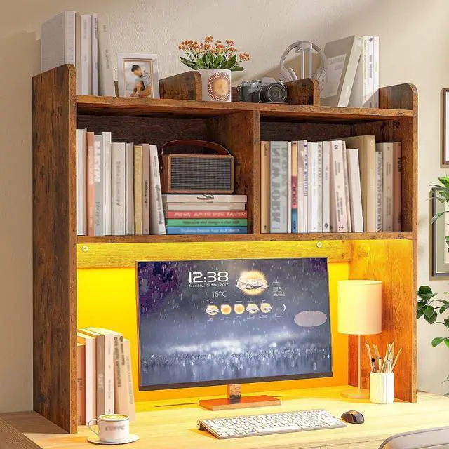 Main image of Desk Hutch Dorm for Computer Monitor Up to 27", Dorm Desk Hutch Top Only with RGB Light Strip, Wooden Desktop Bookshelf with 6 Shelves, 3-Tier Desktop Shelf for Home Office Dorm, Rustic Brown