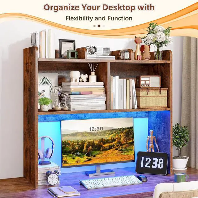 Alt view image 4 of 7 - Desk Hutch Dorm for Computer Monitor Up to 27", Dorm Desk Hutch Top Only with RGB Light Strip, Wooden Desktop Bookshelf with 6 Shelves, 3-Tier Desktop Shelf for Home Office Dorm, Rustic Brown