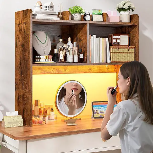 Alt view image 6 of 7 - Desk Hutch Dorm for Computer Monitor Up to 27", Dorm Desk Hutch Top Only with RGB Light Strip, Wooden Desktop Bookshelf with 6 Shelves, 3-Tier Desktop Shelf for Home Office Dorm, Rustic Brown
