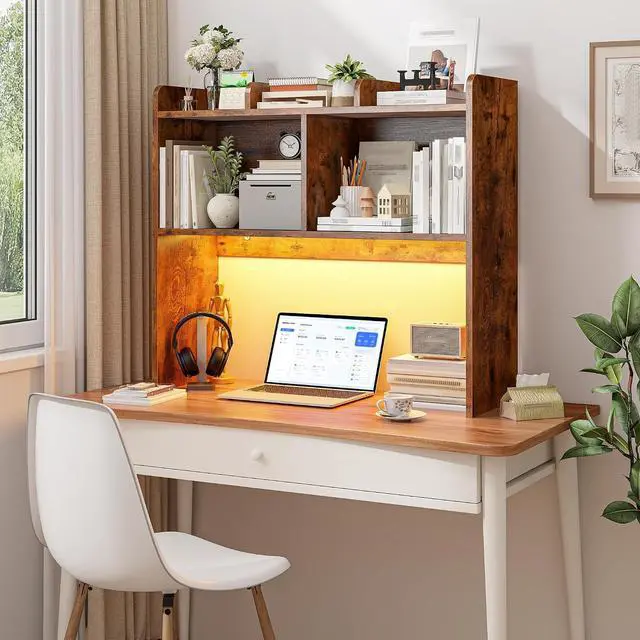 Alt view image 7 of 7 - Desk Hutch Dorm for Computer Monitor Up to 27", Dorm Desk Hutch Top Only with RGB Light Strip, Wooden Desktop Bookshelf with 6 Shelves, 3-Tier Desktop Shelf for Home Office Dorm, Rustic Brown