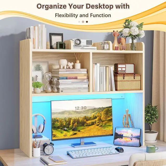 Alt view image 4 of 7 - Desk Hutch Dorm for Computer Monitor Up to 27", Dorm Desk Hutch Top Only with RGB Light Strip, Wooden Desktop Bookshelf with 6 Shelves, 3-Tier Desktop Shelf for Home Office Dorm, Wood Color