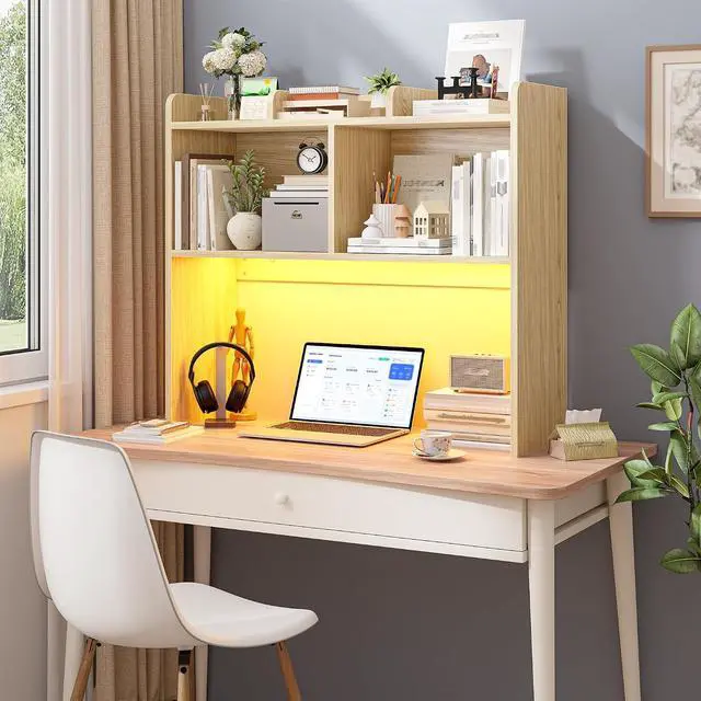Alt view image 2 of 7 - Desk Hutch Dorm for Computer Monitor Up to 27", Dorm Desk Hutch Top Only with RGB Light Strip, Wooden Desktop Bookshelf with 6 Shelves, 3-Tier Desktop Shelf for Home Office Dorm, Wood Color