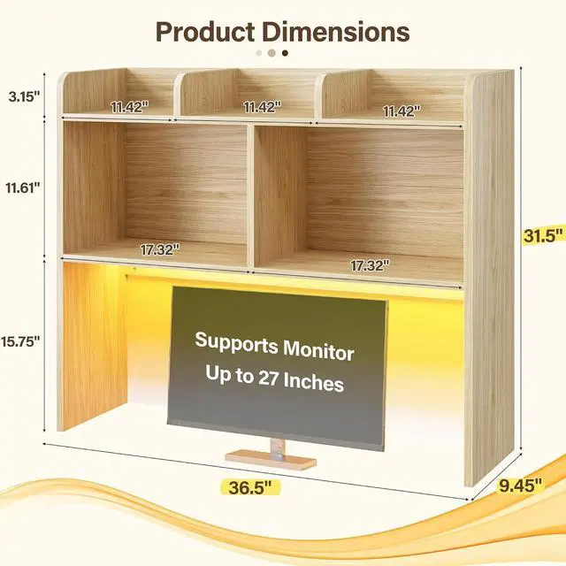 Alt view image 3 of 7 - Desk Hutch Dorm for Computer Monitor Up to 27", Dorm Desk Hutch Top Only with RGB Light Strip, Wooden Desktop Bookshelf with 6 Shelves, 3-Tier Desktop Shelf for Home Office Dorm, Wood Color