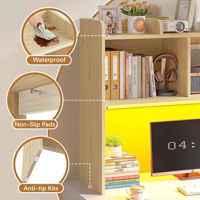Alt view image 5 of 7 - Desk Hutch Dorm for Computer Monitor Up to 27", Dorm Desk Hutch Top Only with RGB Light Strip, Wooden Desktop Bookshelf with 6 Shelves, 3-Tier Desktop Shelf for Home Office Dorm, Wood Color