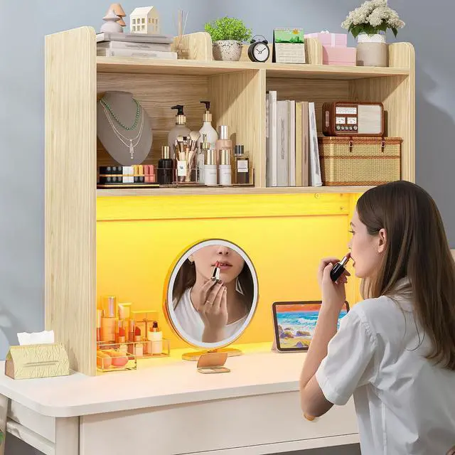 Alt view image 6 of 7 - Desk Hutch Dorm for Computer Monitor Up to 27", Dorm Desk Hutch Top Only with RGB Light Strip, Wooden Desktop Bookshelf with 6 Shelves, 3-Tier Desktop Shelf for Home Office Dorm, Wood Color