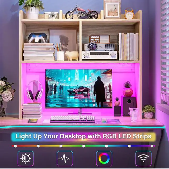 Alt view image 7 of 7 - Desk Hutch Dorm for Computer Monitor Up to 27", Dorm Desk Hutch Top Only with RGB Light Strip, Wooden Desktop Bookshelf with 6 Shelves, 3-Tier Desktop Shelf for Home Office Dorm, Wood Color