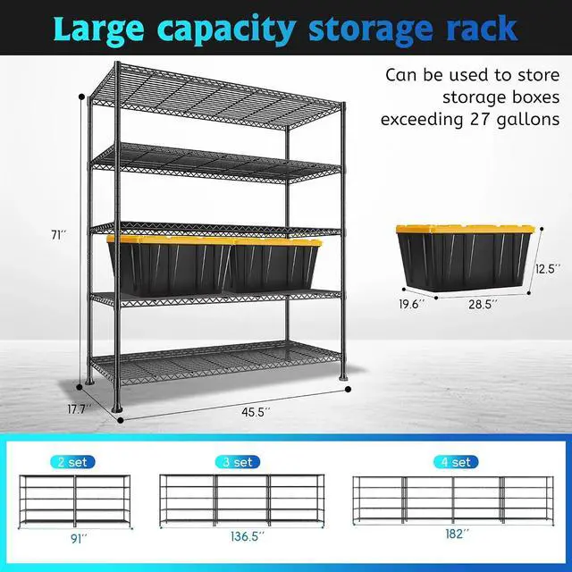 Alt view image 3 of 7 - 5-Tier Heavy Duty Wire Shelving Unit for Warehouse Supermarket | 19.1 mm thickened carbon steel, Capacity 1000LBS; Adjuatable Shelves; Tool-Free 10-Min Assembly; 4 industrial Leveling Feet