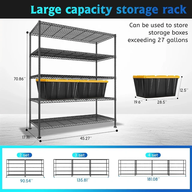 Alt view image 3 of 7 - 5-Tier Commercial Heavy Duty Wire Shelving Unit for Warehouse Hotel | 19.1 mm thickened carbon steel, Capacity 1000LBS; Adjuatable Shelves; Tool-Free 10-Min Assembly; 4 industrial Leveling Feet