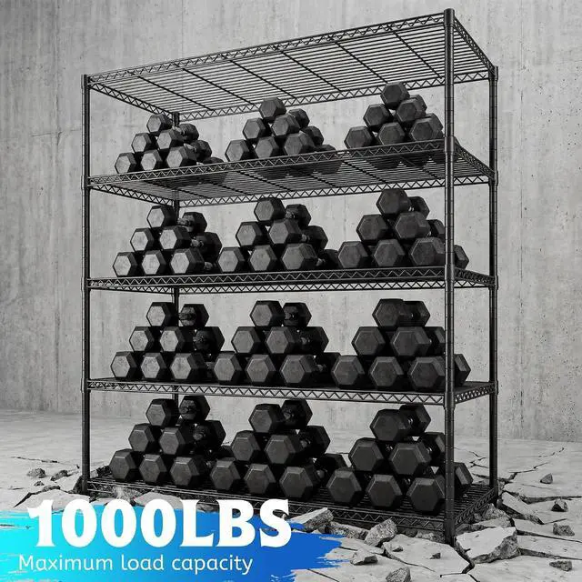 Alt view image 6 of 7 - 5-Tier Heavy Duty Wire Shelving Unit for Warehouse Supermarket | 19.1 mm thickened carbon steel, Capacity 1000LBS; Adjuatable Shelves; Tool-Free 10-Min Assembly; 4 industrial Leveling Feet