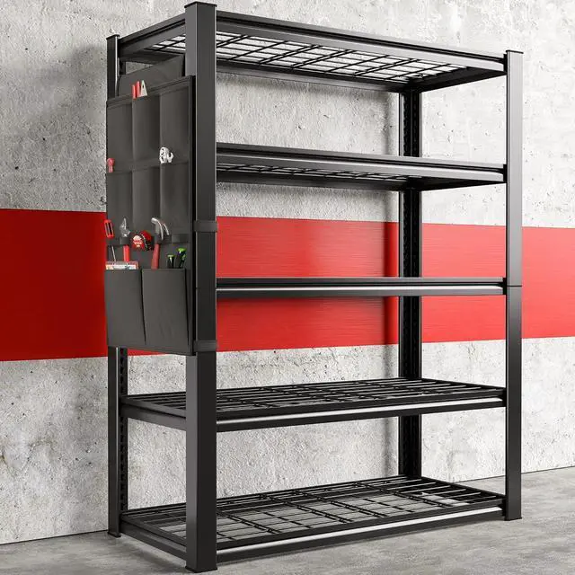 Alt view image 2 of 7 - Garage Shelving with Tool Bags, 5-Tier Storage Shelves, Adjustable 2000 LBS Heavy Duty Shelving, Garage Storage Shelves for Garage, Basement, Workshop, Utility Room, 66.1"H x 37.9"W x 15.8"D
