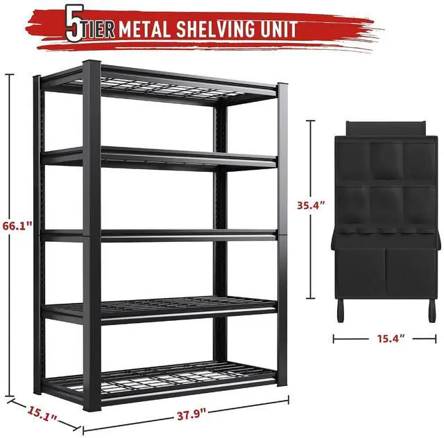 Alt view image 3 of 7 - Garage Shelving with Tool Bags, 5-Tier Storage Shelves, Adjustable 2000 LBS Heavy Duty Shelving, Garage Storage Shelves for Garage, Basement, Workshop, Utility Room, 66.1"H x 37.9"W x 15.8"D