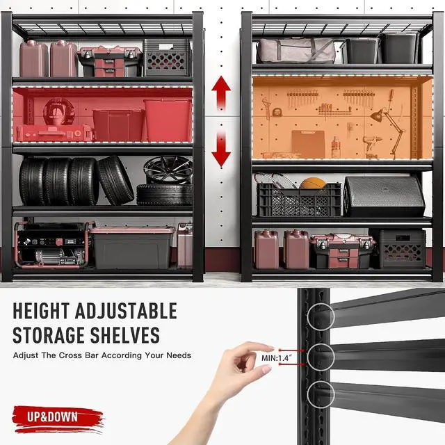 Alt view image 6 of 7 - Garage Shelving with Tool Bags, 5-Tier Storage Shelves, Adjustable 2000 LBS Heavy Duty Shelving, Garage Storage Shelves for Garage, Basement, Workshop, Utility Room, 66.1"H x 37.9"W x 15.8"D