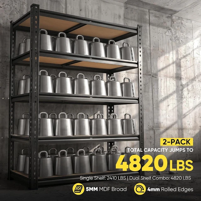 Alt view image 4 of 7 - Garage Shelving, 5-Tier Storage Shelves Load 2410LBS, Adjustable Storage Rack for Garage, Pantry, Closet, Steel Frame, 35.6" W x 72.1" H x 11.9" D, Black, 2PC