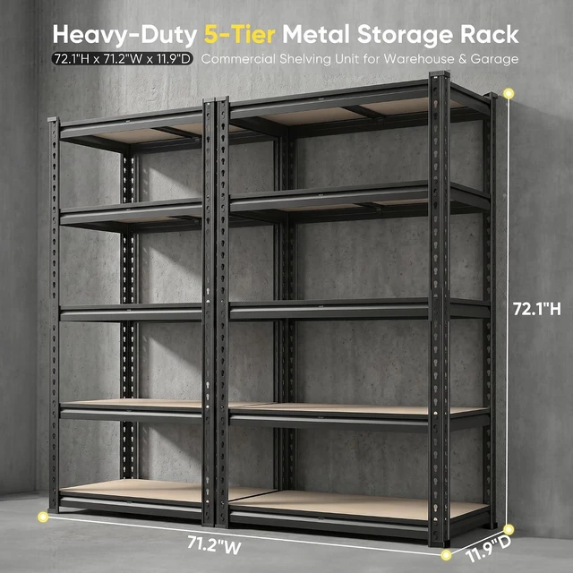 Alt view image 3 of 7 - Garage Shelving, 5-Tier Storage Shelves Load 2410LBS, Adjustable Storage Rack for Garage, Pantry, Closet, Steel Frame, 35.6" W x 72.1" H x 11.9" D, Black, 2PC
