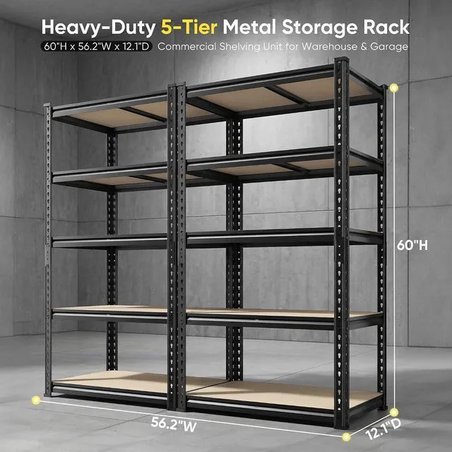 Alt view image 3 of 7 - Garage Shelving, 5-Tier Storage Shelves Load 2025LBS, Adjustable Storage Rack for Garage, Pantry, Closet, Steel Frame, 28.1" W x 60" H x 12.1" D, Black, 2PC