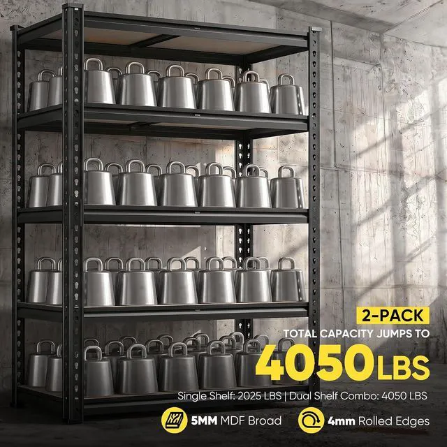 Alt view image 4 of 7 - Garage Shelving, 5-Tier Storage Shelves Load 2025LBS, Adjustable Storage Rack for Garage, Pantry, Closet, Steel Frame, 28.1" W x 60" H x 12.1" D, Black, 2PC