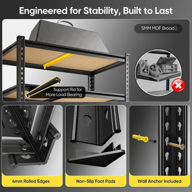 Alt view image 7 of 7 - Garage Shelving, 5-Tier Storage Shelves Load 2025LBS, Adjustable Storage Rack for Garage, Pantry, Closet, Steel Frame, 28.1" W x 60" H x 12.1" D, Black, 2PC