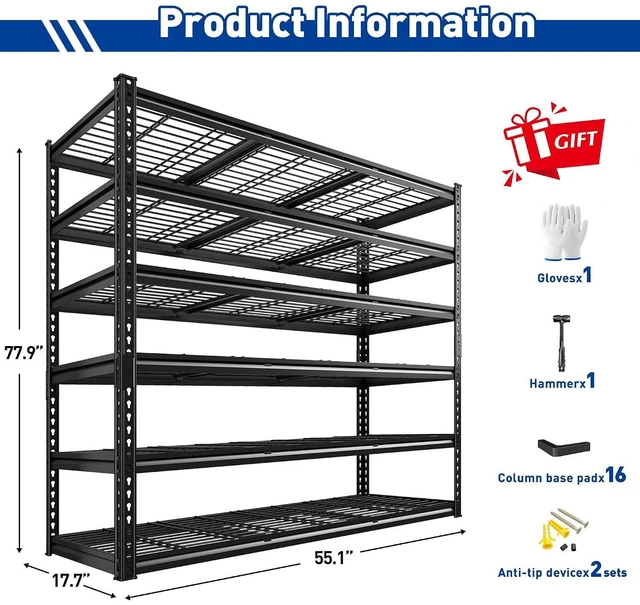 Alt view image 3 of 7 - 78"H x 55"W Garage Shelving, 3300LBS Heavy Duty Shelving, Rivet 6-Tier Adjustable Metal Garage Storage Rack, Industrial Shelving with Reinforced Mesh, for Warehouse Basement Commercial, Black